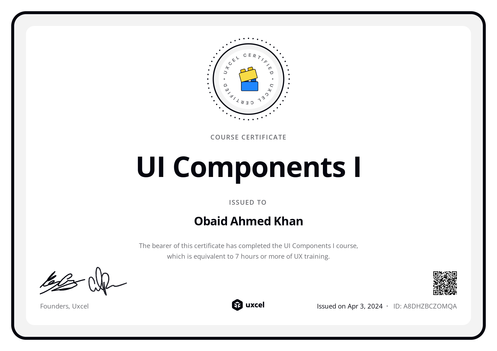 Obaid Ahmed Khan's certificate